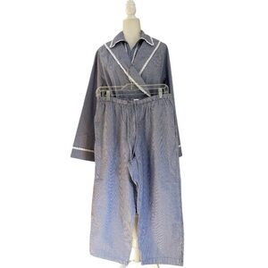 Lanz of Salzburg Pajama Set with Robe Seersucker Blue White Check Lace Trim